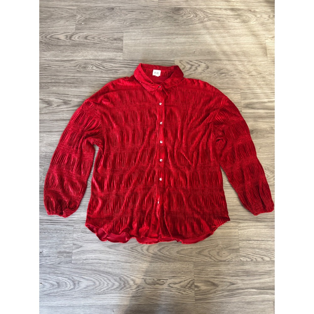 BiBi Red Crinkled Smocked Tiered Button Down Top Long Sleeve Size L